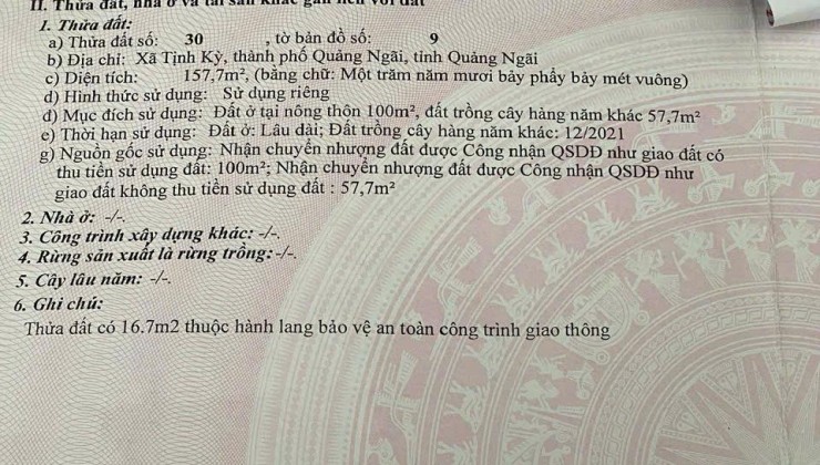 Bán đất mặt tiền liên xã Tịnh Kỳ chính chủ, DT 158m2 Hướng Đông SHR giá 1.6 tỷ